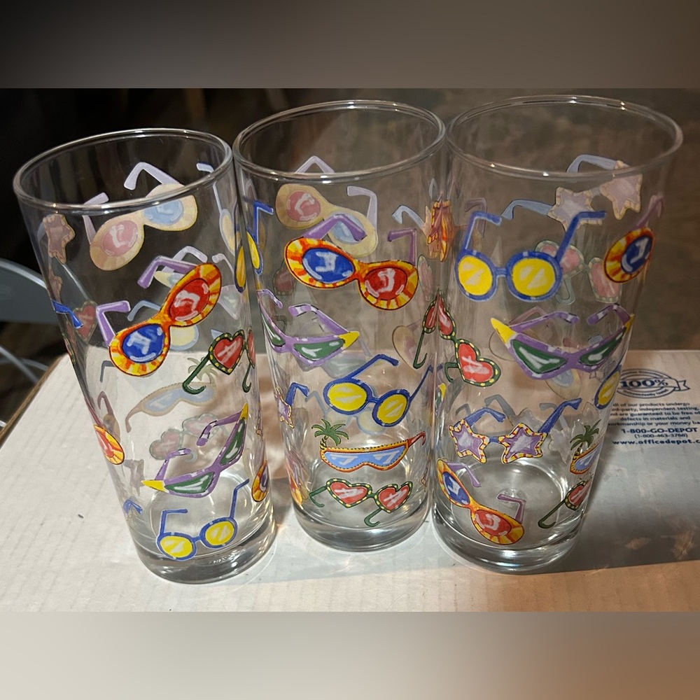 3 Vintage collectible glass tumblers featuring "ocean sunglasses" print.